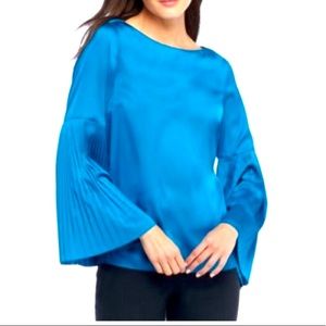 NWT The Limited Women's MyKonos Blue Satin Pleated Long Bell Sleeve Blouse Top